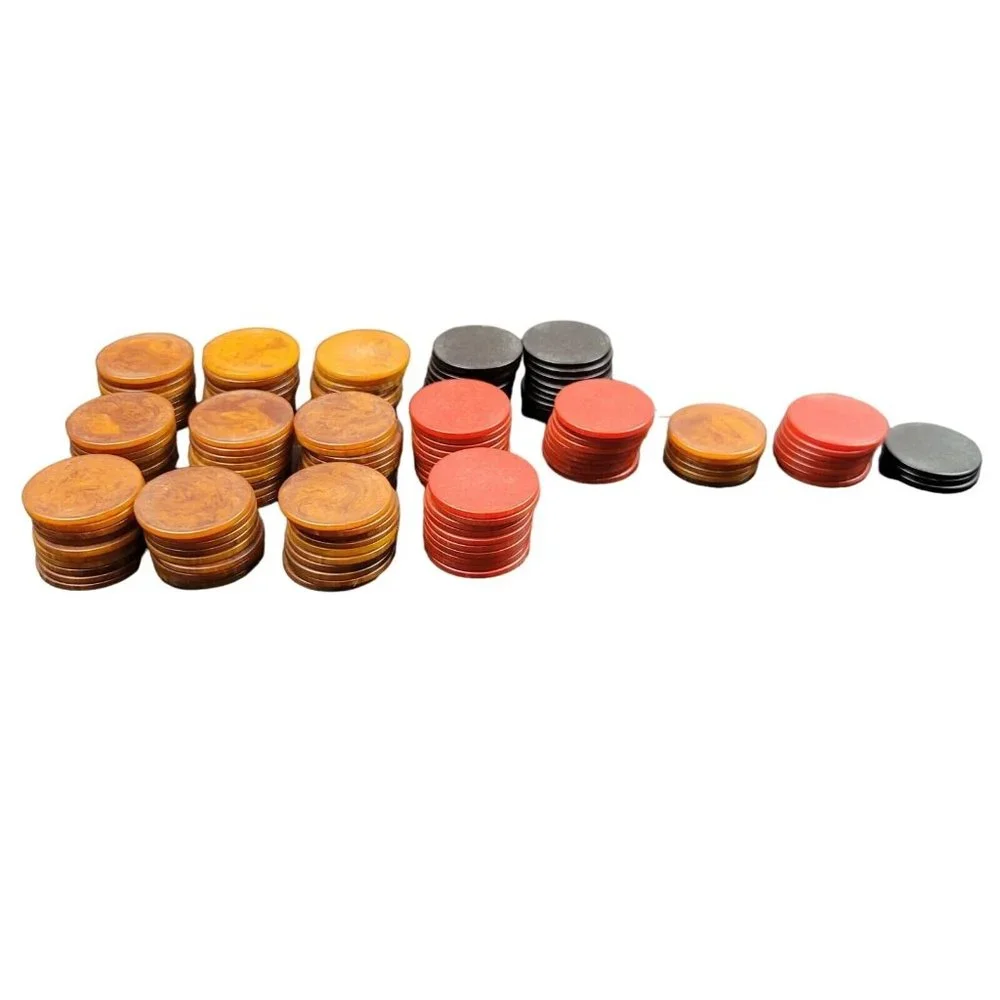 Vintage Bakelite Marbled‎ Poker Chip set Red, Black And Butterscotch Total 156